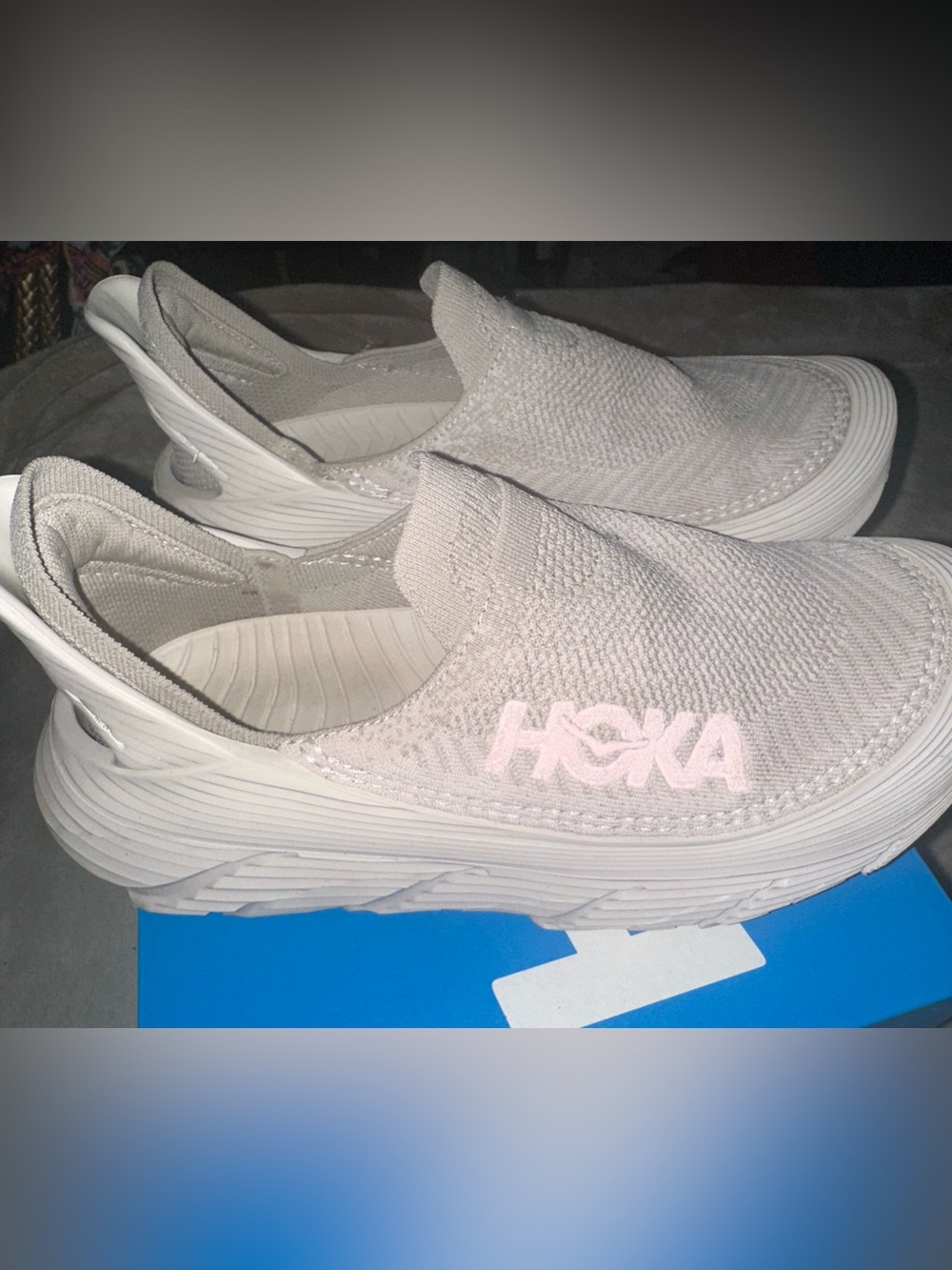 Hoka One One Women's Slip-On Knit Sneaker in Pale Pink and Light Cream